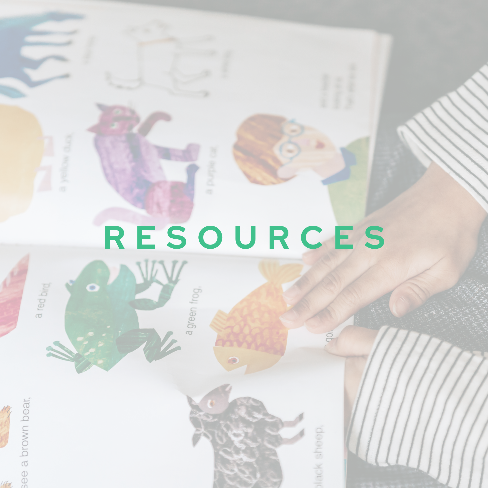 Children's picture book titled "RESOURCES" featuring illustrations of a pink dinosaur, a pumpkin with glasses, and a green monster, held by a person's hand.