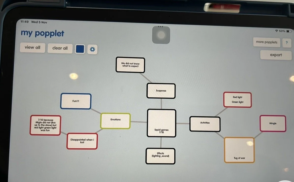 A digital mind map titled 'my popplet' on a tablet screen, with interconnected nodes including 'Fun!!!', 'Emotions', 'Suspense', 'Activities', 'Squid games 7/10', and 'Effects'.