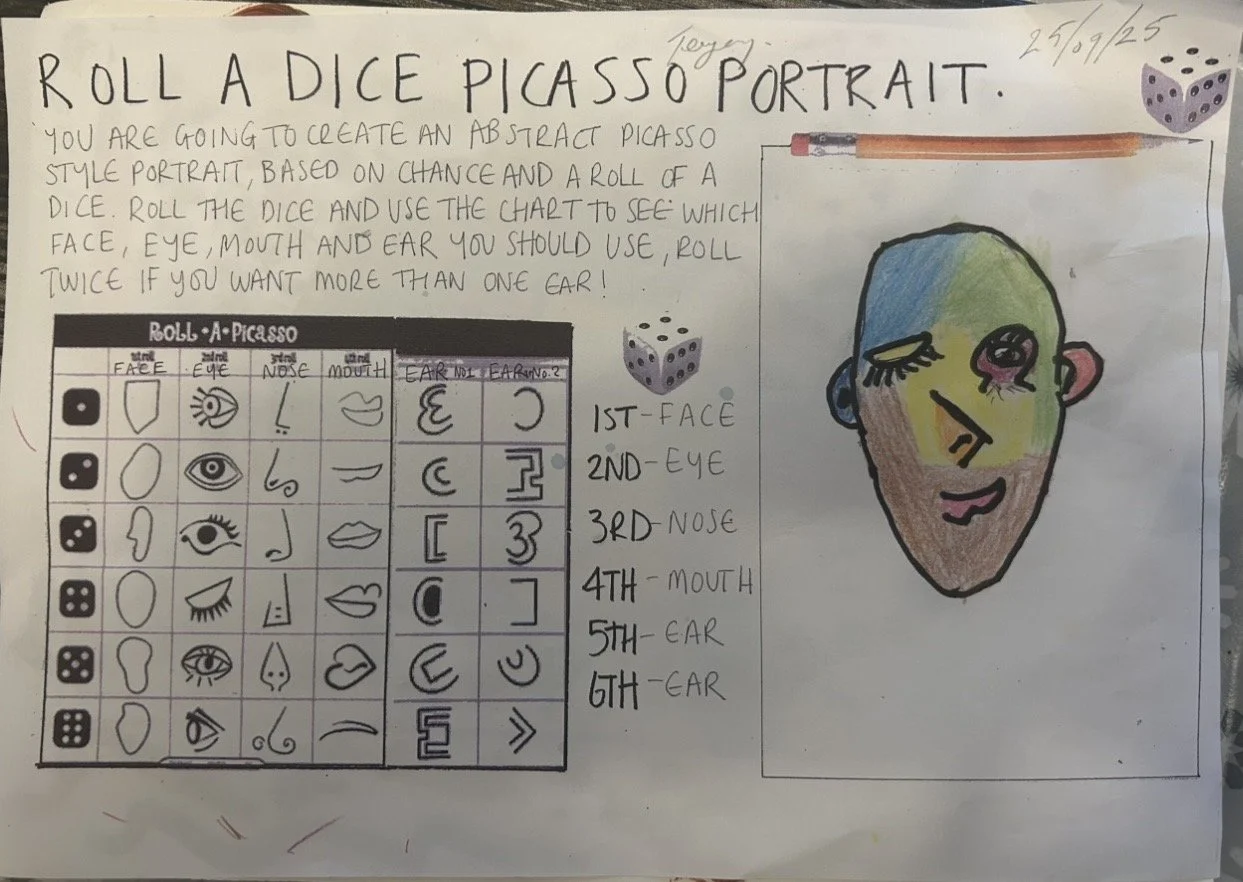 Instructions for creating an abstract Picasso-style portrait by rolling dice to select facial features, with a drawing of a face on the right and two dice illustrations near the top.