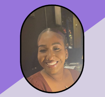 A woman with short hair, smiling, wearing earrings, and a nose ring against a dark background with a purple and black overlay.