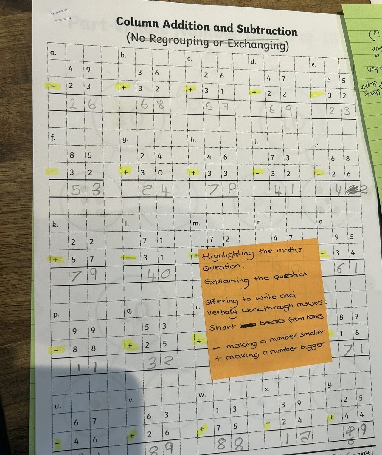 A worksheet titled 'Column Addition and Subtraction' with columns labeled a to y, containing numbers and mathematical symbols. Highlighted marks include plus and minus signs, and there is an orange sticky note with handwritten instructions about highlighting math questions, explaining tasks such as writing and working through answers, and making numbers smaller or bigger.