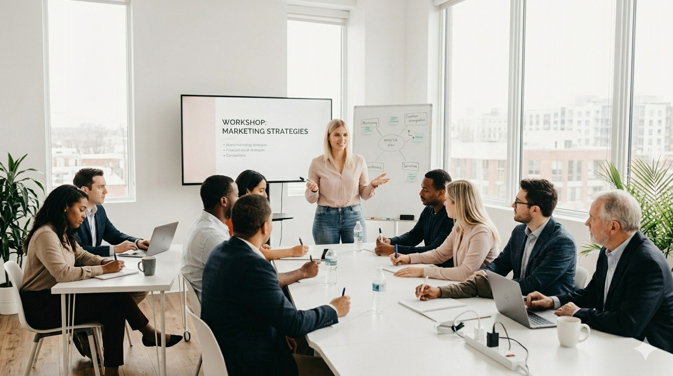 Eine Gruppe von Menschen nimmt an einem Workshop zu Marketingstrategien teil, während eine Frau den Vortrag hält und auf einem Whiteboard und einem Bildschirm präsentiert.