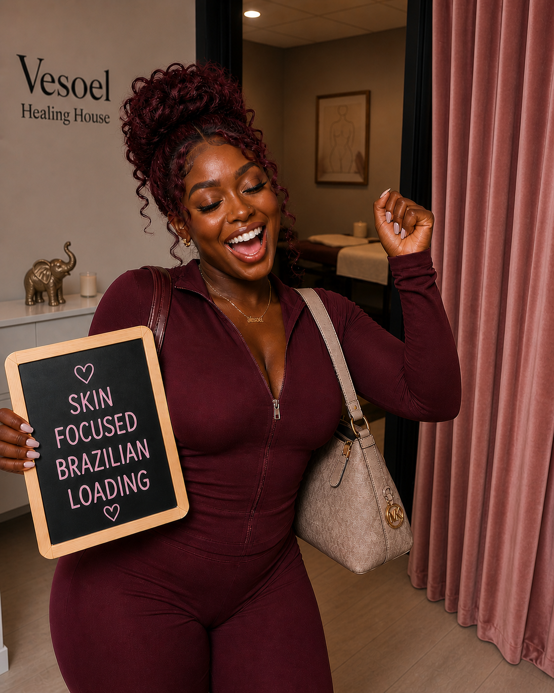 “Confident, smiling melanated woman in a burgundy set inside a professional skincare studio, holding a sign that reads ‘Skin Focused Brazilian Loading,’ with a clean treatment room in the background.”