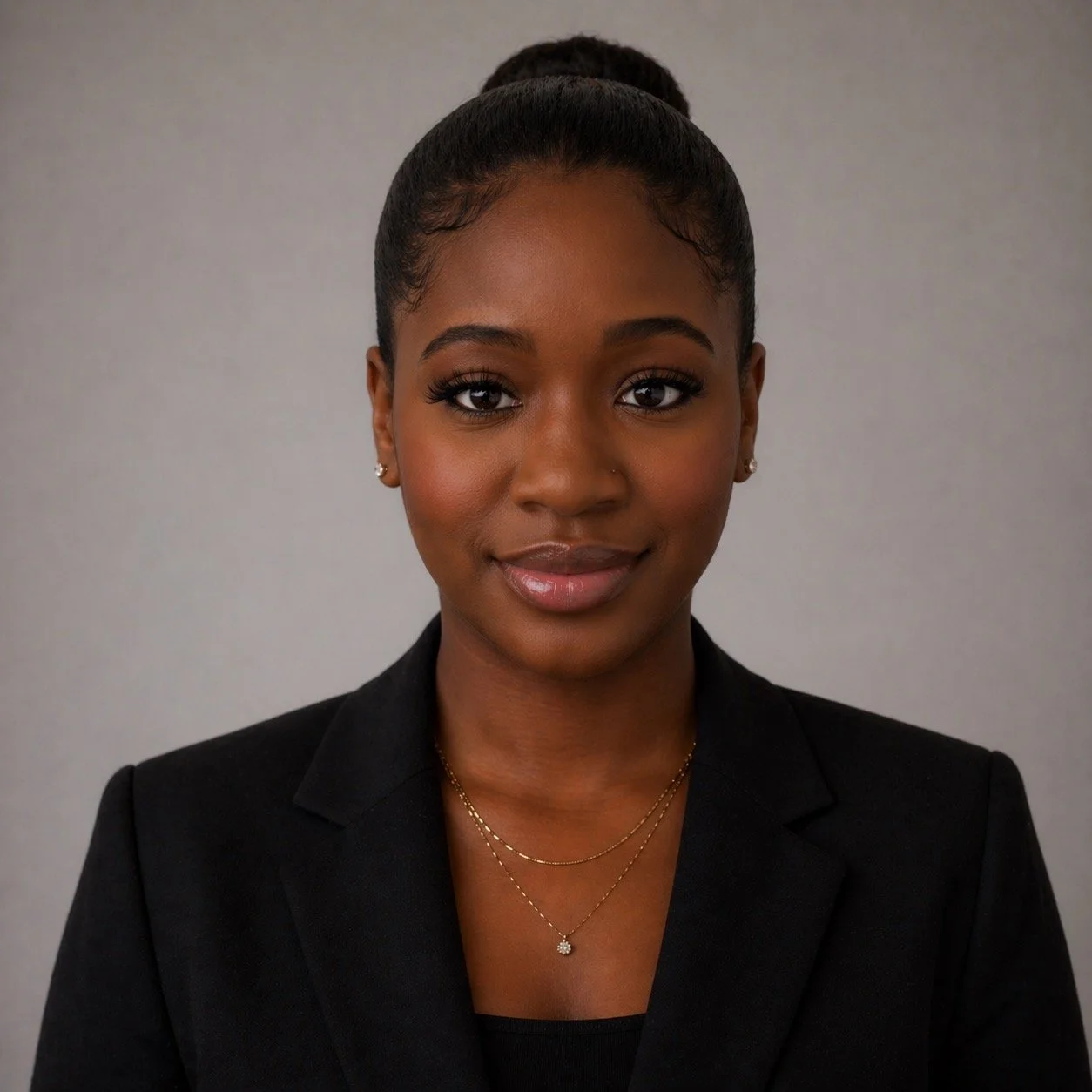 Portrait of a young Black woman with a neat bun hairstyle, wearing a black blazer, small earrings, and layered gold necklaces, smiling softly against a plain gray background.