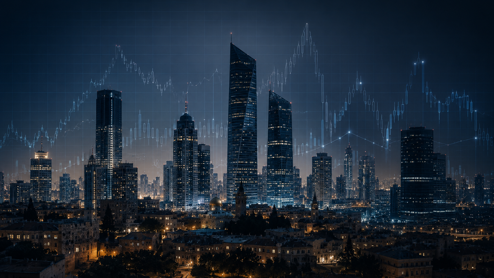 Nighttime city skyline with tall skyscrapers and illuminated buildings, overlaid with financial trading graphs and data.