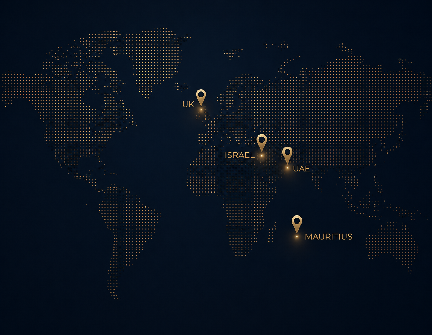 Digital world map with dotted outlines, marked locations with labels: UK, Israel, UAE, Mauritius.