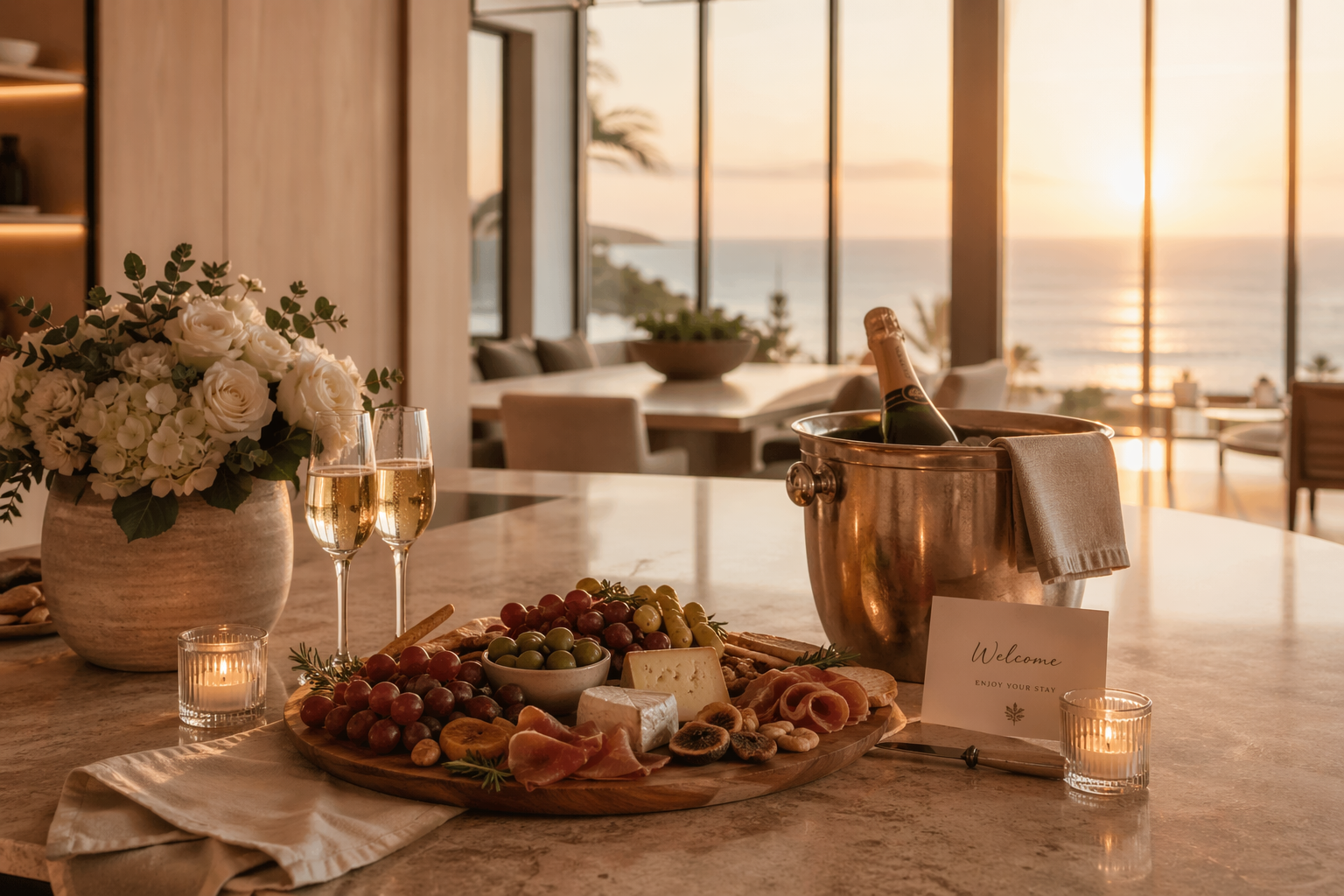 A luxurious dining or lounge area overlooking the ocean at sunset. The foreground features a marble table decorated with a flower arrangement, two glasses of champagne, and a charcuterie board with grapes, nuts, cheese, and cured meats. An ice bucket with a champagne bottle, a welcome note, and lit candles enhance the elegant atmosphere.