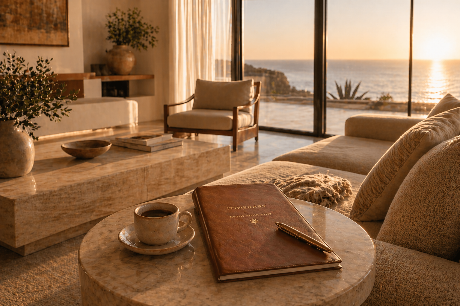 Living room with a coffee table, cup of coffee, leather-bound itinerary planner, sofa, armchair, and large window overlooking a sunset over the ocean.