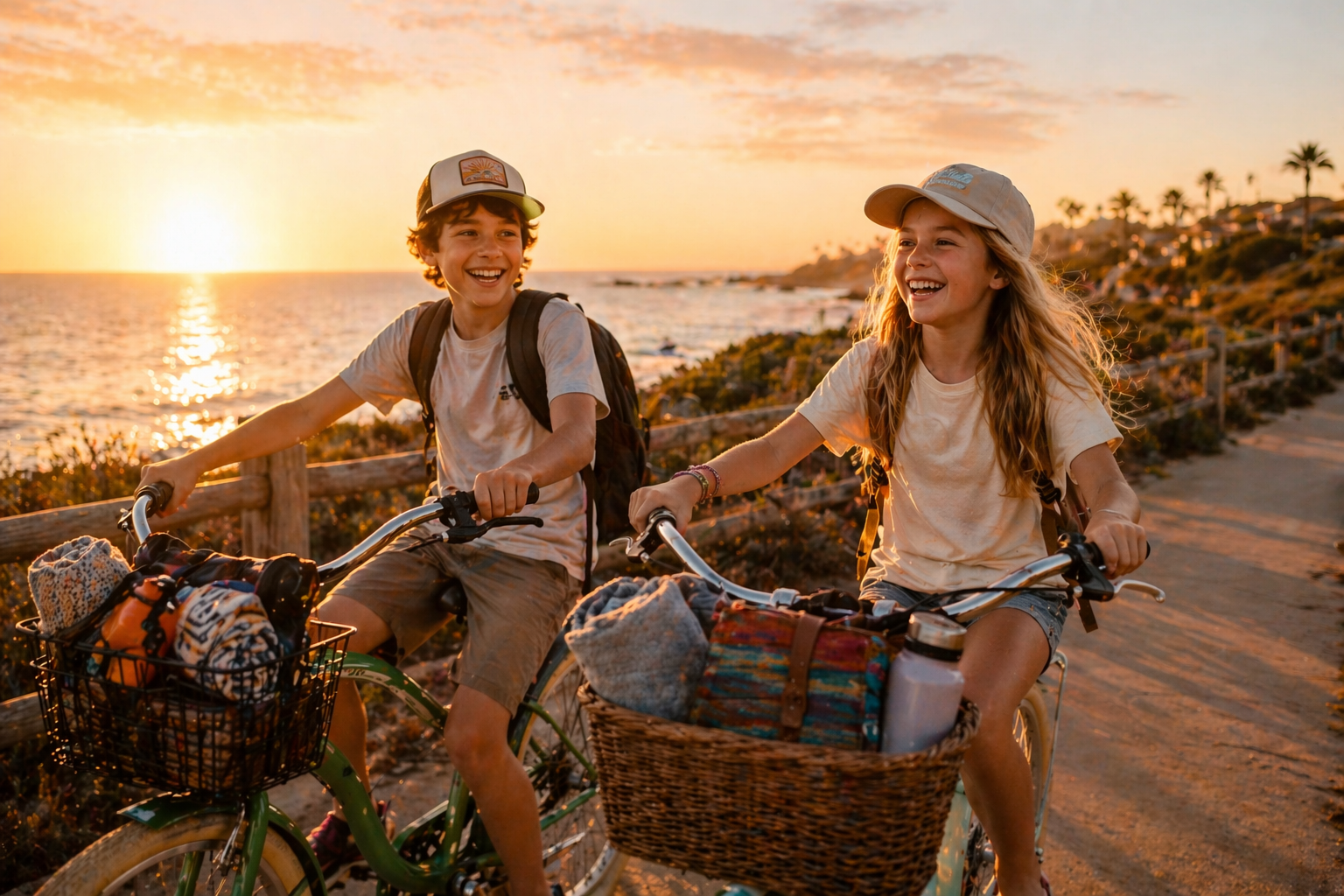 A boy and girl riding bicycles along a coastal path at sunset, smiling and enjoying the weather.