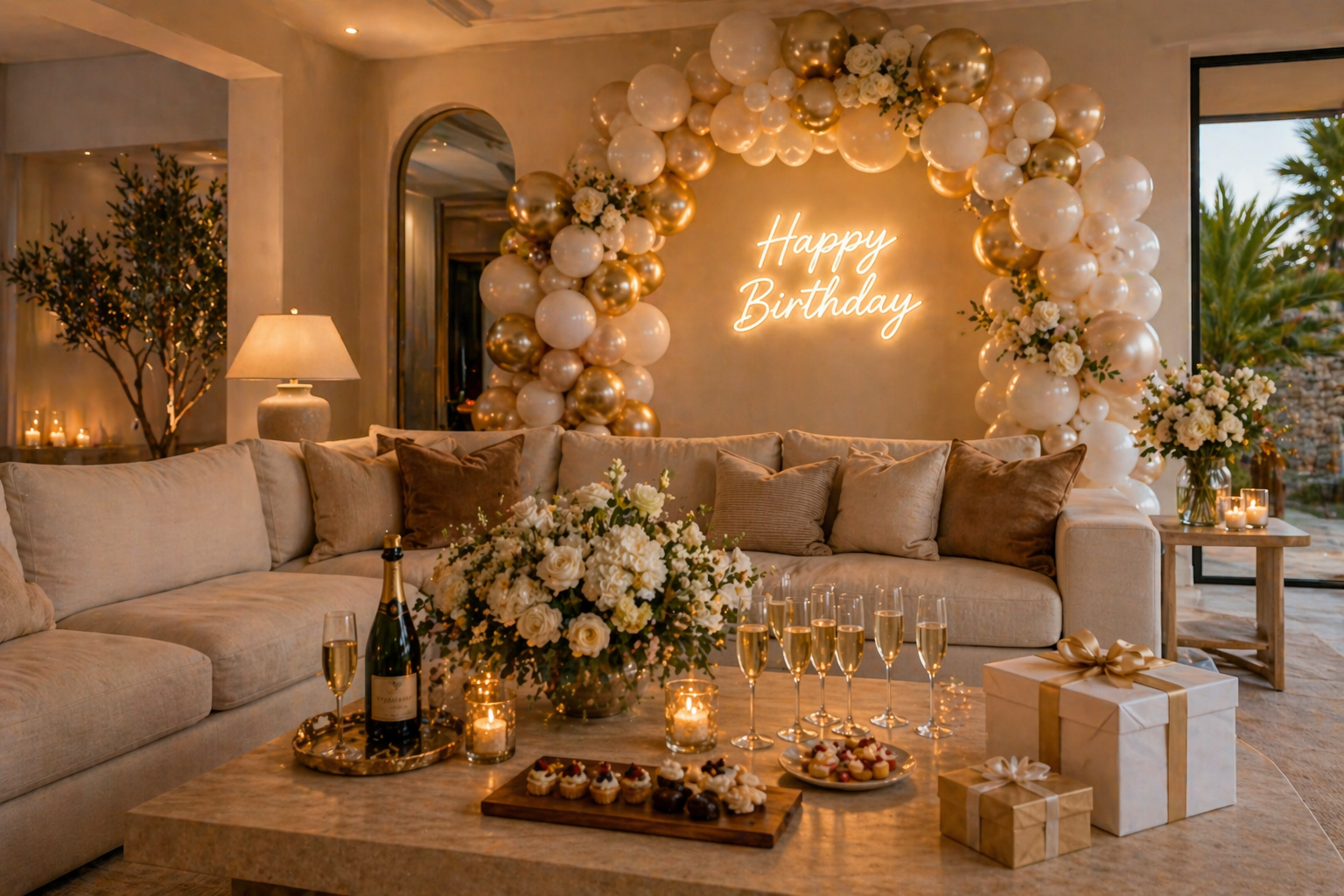 Decorated indoor birthday celebration with a beige sofa, floral arrangements, balloons forming an arch, a neon 'Happy Birthday' sign, champagne glasses, a bottle of champagne, gift boxes, and desserts.