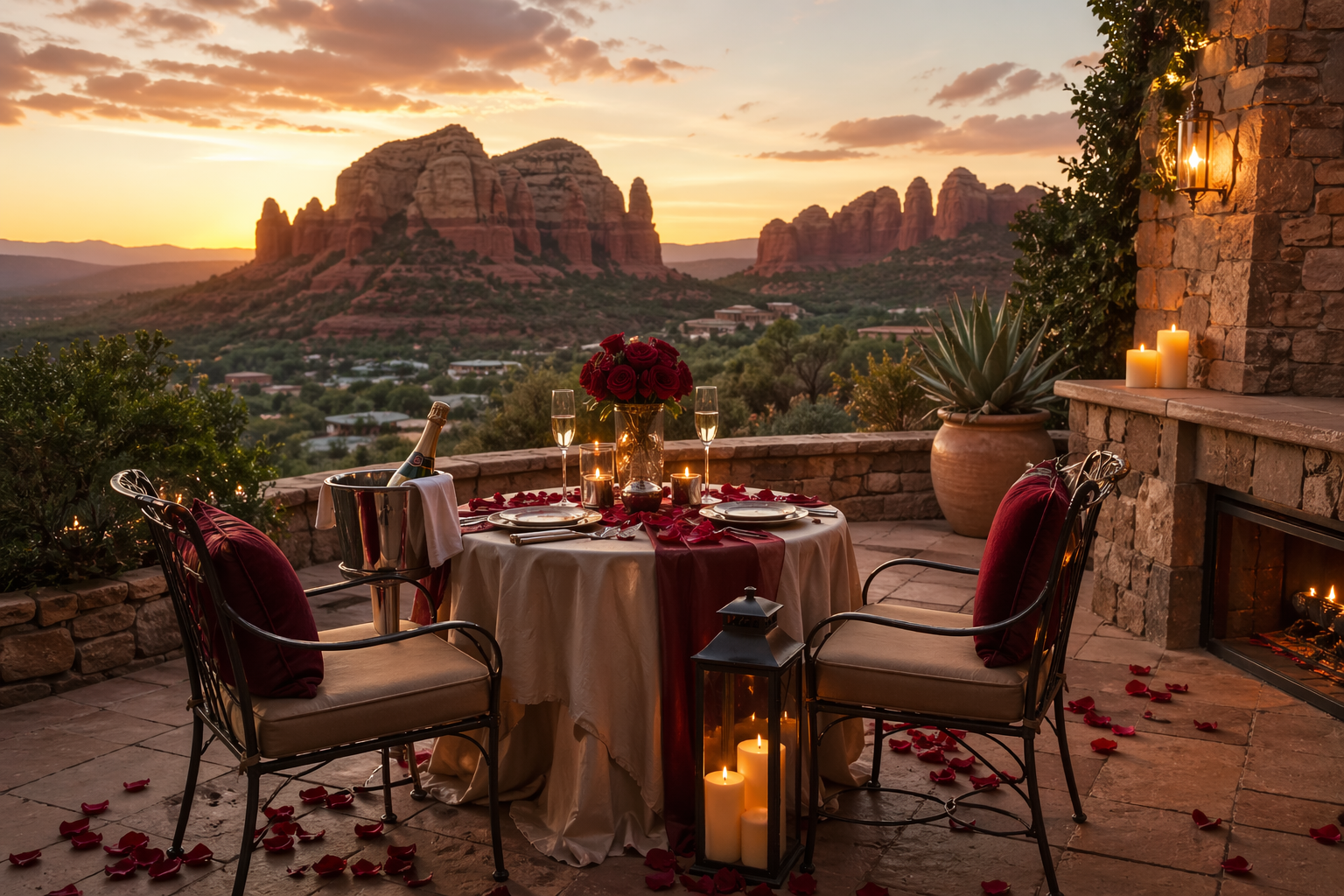 Elegant outdoor dinner setup on a stone patio with a round table covered in a cloth, decorated with rose petals, candles, and a bouquet of roses at sunset with mountainous landscape in the background.