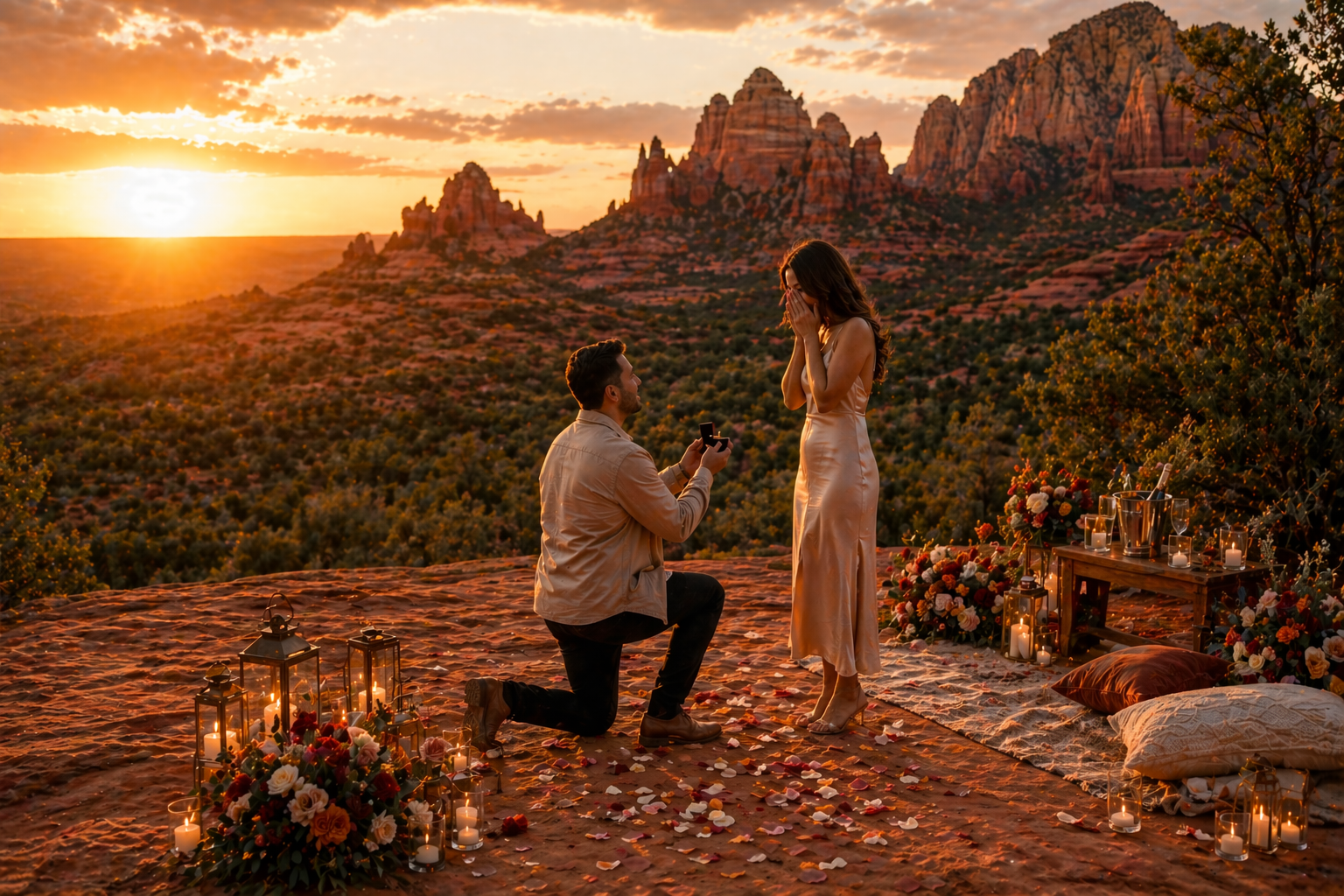 A man proposing marriage to a woman during sunset in a desert with rocky formations, surrounded by flowers and candles for a romantic setting.