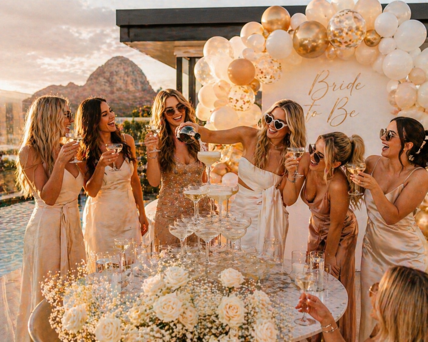 Group of women celebrating at a bachelorette party with champagne, standing around a decorated table with flowers and balloons, with a mountain in the background and a sunset sky.