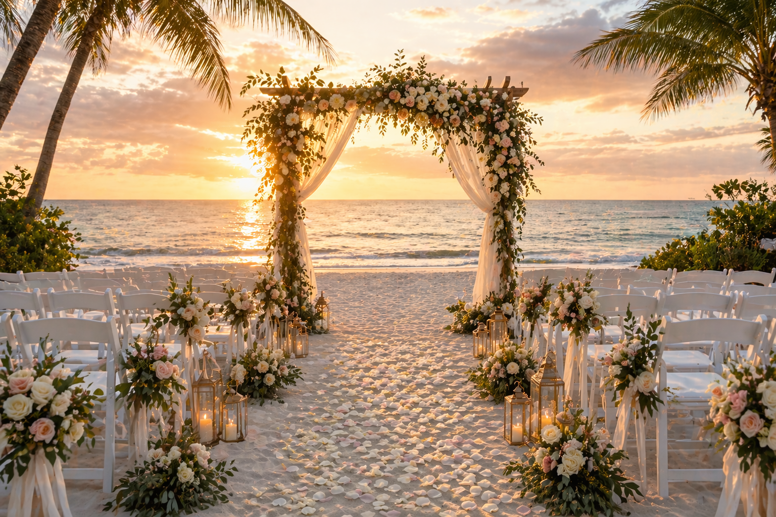 A wedding altar on the beach with white chairs, floral arrangements, lanterns, and a floral arch during sunset.