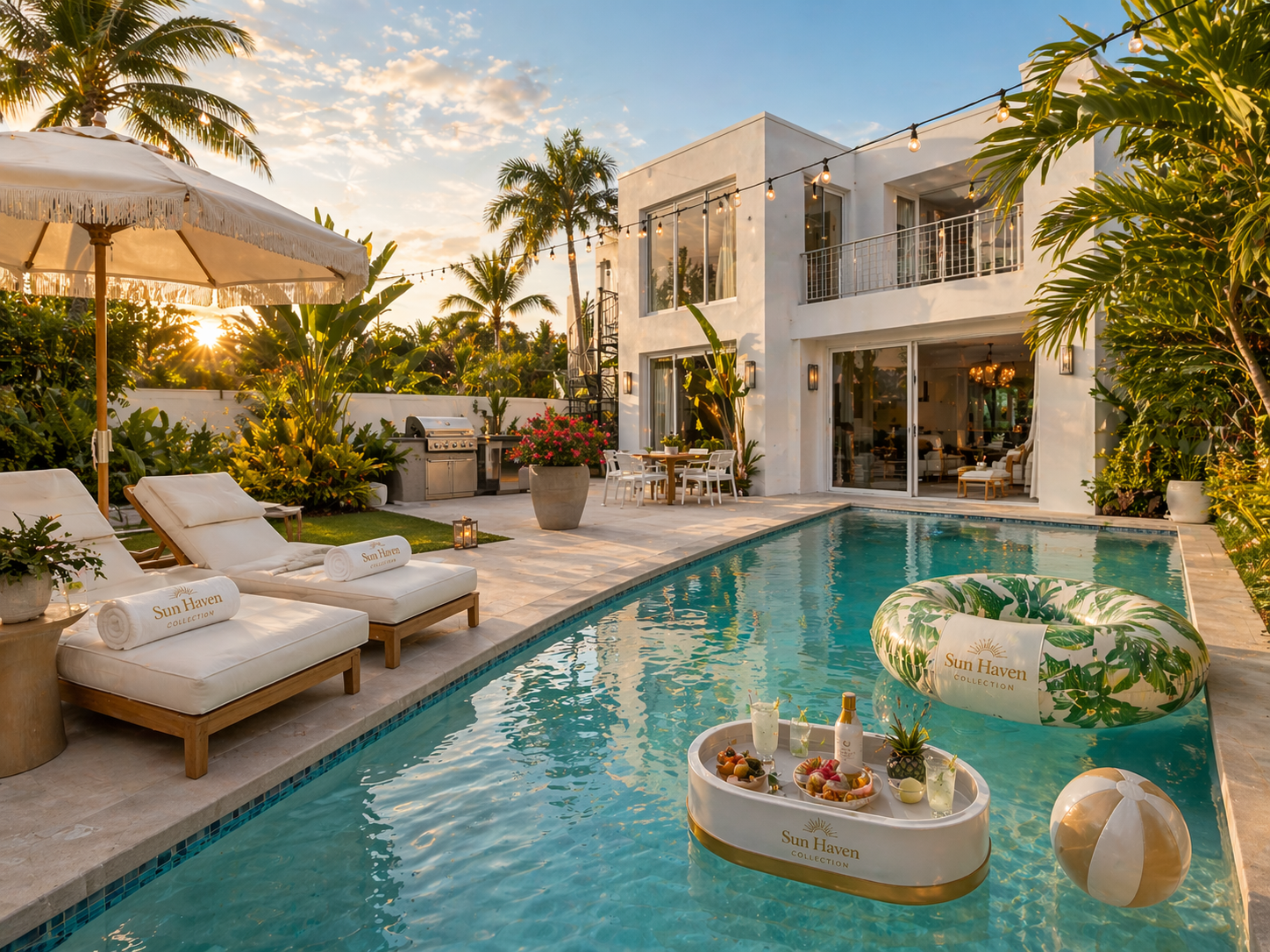 A luxurious backyard pool area at sunset with white lounge chairs, a sun umbrella, tropical plants, a barbecue grill, a dining table, and a modern white house with large windows and a balcony.