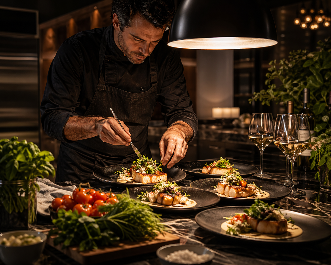 A chef arranges plated gourmet dishes in a dimly lit restaurant kitchen, surrounded by fresh herbs, tomatoes, and glasses of white wine.