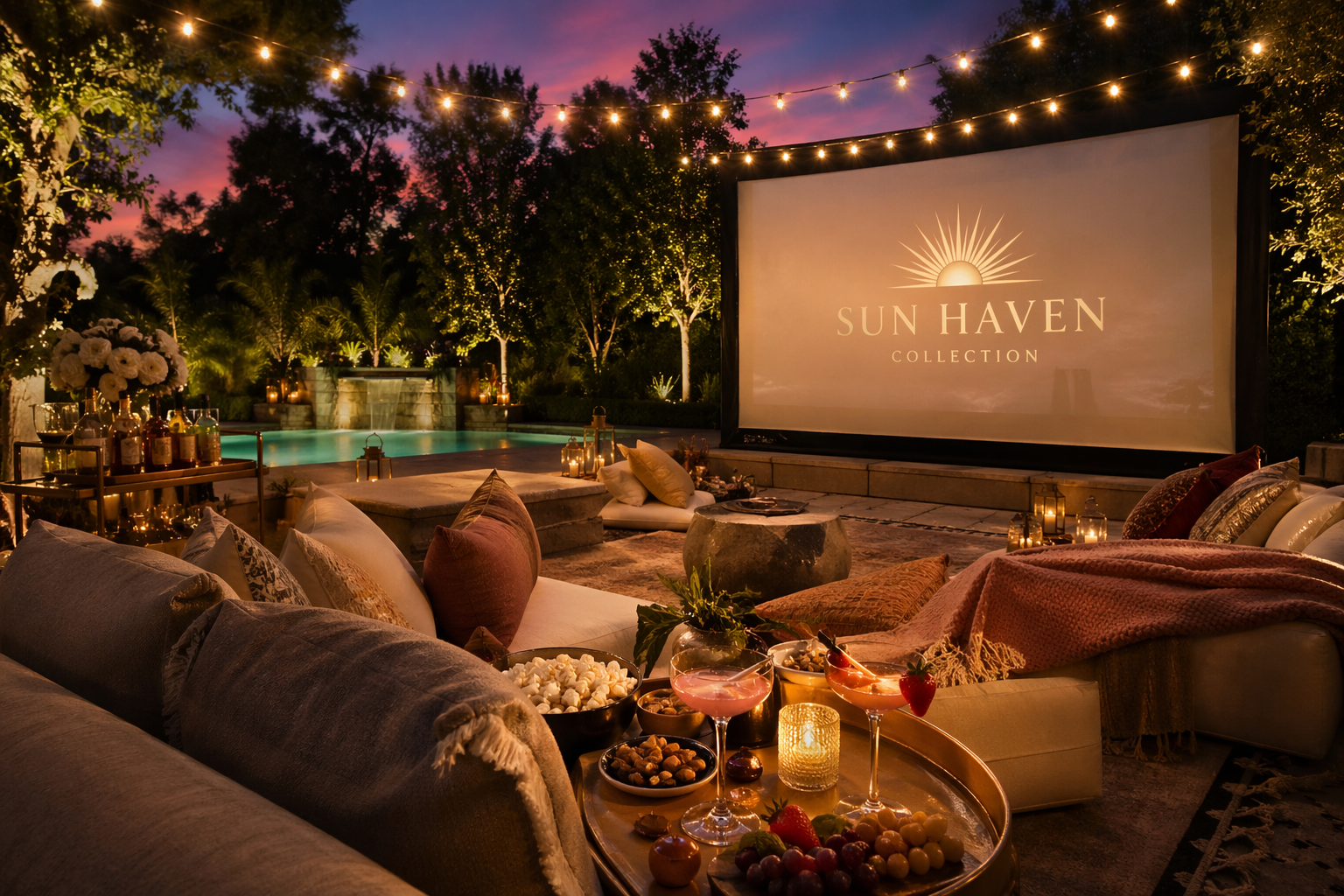 Outdoor movie screening setup with a large screen displaying 'Sun Haven Collection,' surrounded by cozy seating with pillows, blankets, and a hot tub in the background, illuminated by string lights and lanterns at dusk.