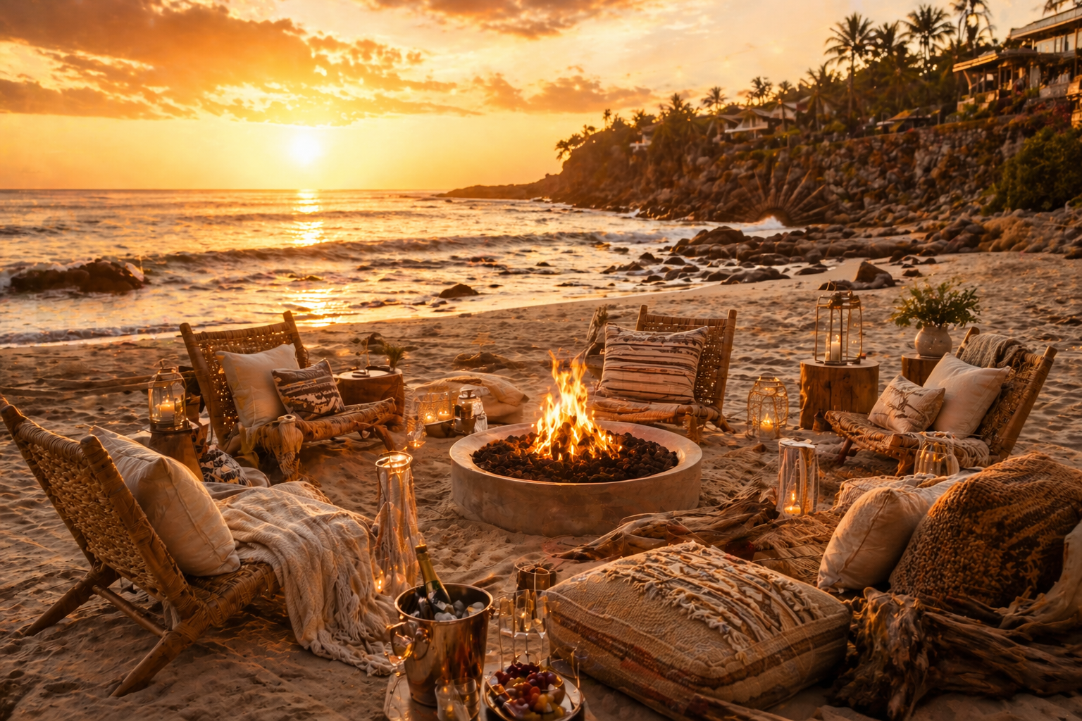 A cozy beach setup at sunset with wicker chairs and cushions around a fire pit, illuminated by lanterns and decorated with flowers, overlooking the ocean and a hillside with houses and palm trees.