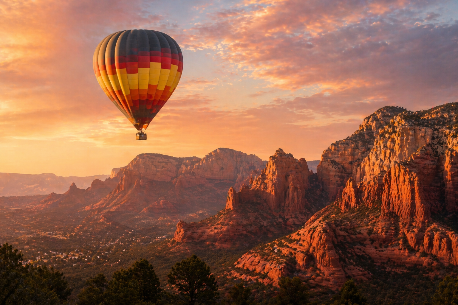 A colorful hot air balloon floating over rugged red rock formations at sunset.