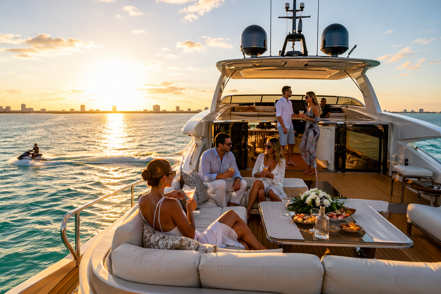 A group of six people enjoying drinks and chatting on a luxury yacht during sunset, with a city skyline in the background and a person riding a jet ski in the water.