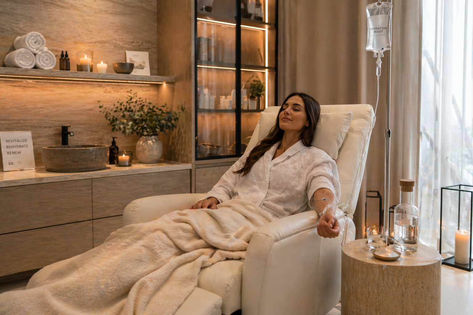 Woman relaxing in a spa or wellness center, receiving IV therapy, seated in a comfortable recliner with an IV drip, surrounded by candles, plants, and spa supplies.