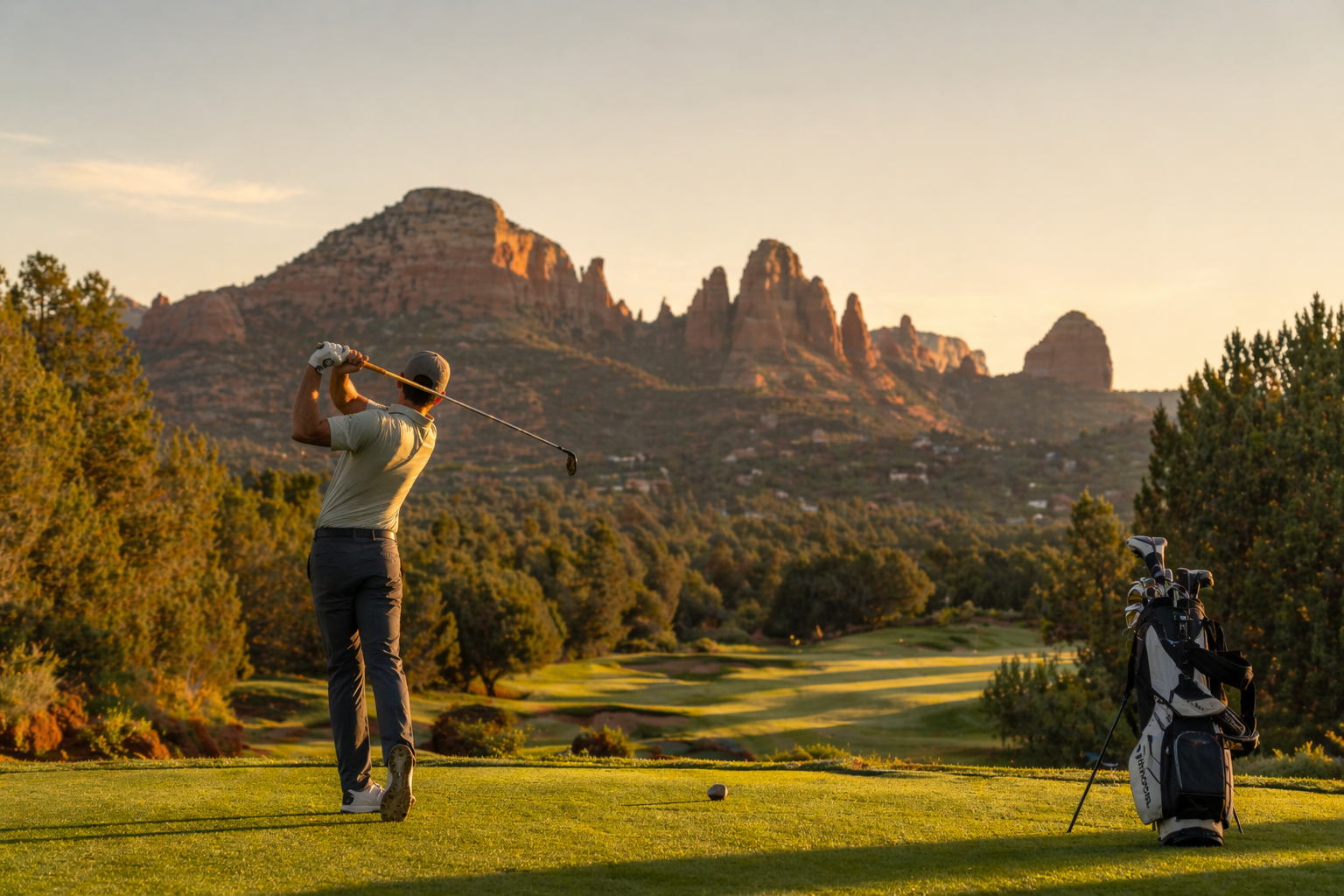 A man playing golf on a course at sunset, with mountains in the background and a golf bag with clubs nearby.