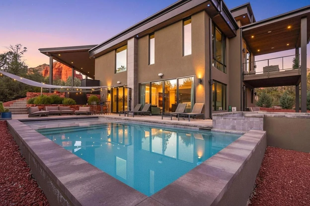A modern house with large glass windows overlooking a backyard with a swimming pool, outdoor lounge chairs, string lights, and landscaped yard at sunset.