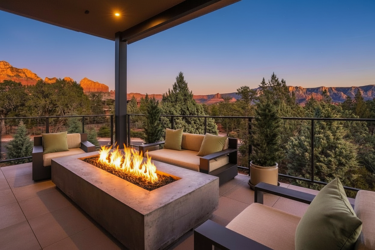 Outdoor balcony with a modern fire pit and seating area, overlooking a scenic mountain landscape at dusk.