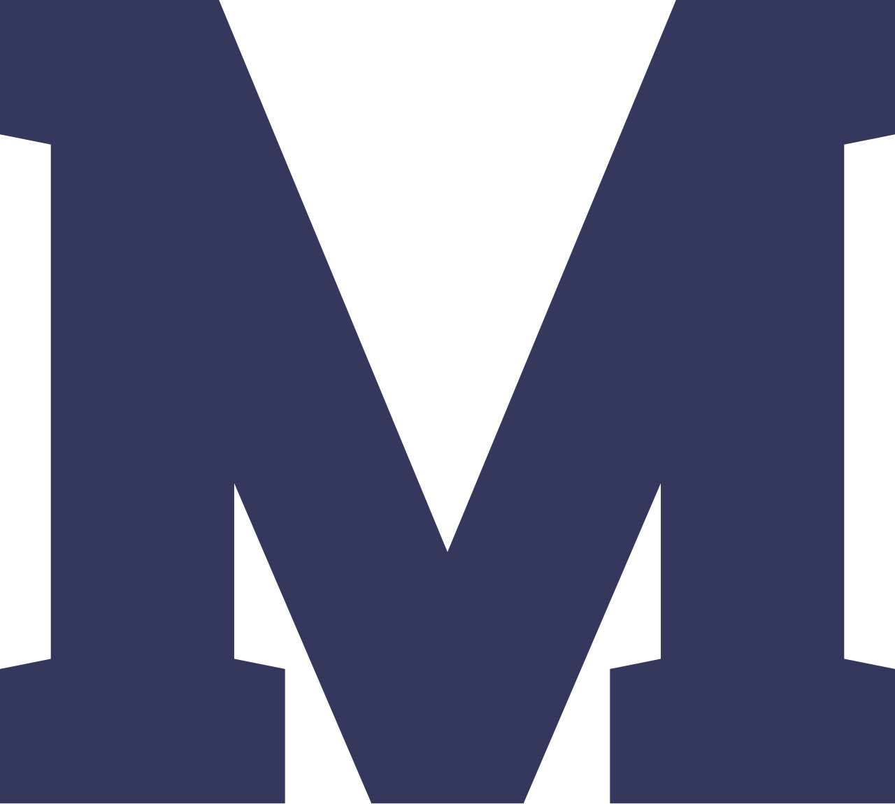 Large dark blue letter M with a black downward-pointing triangle in the center.