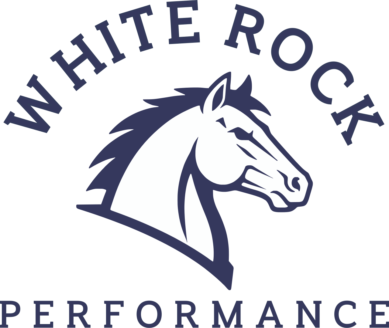 Logo with a stylized horse head and the text "WHITE ROCK PERFORMANCE" arranged above and below the horse head.