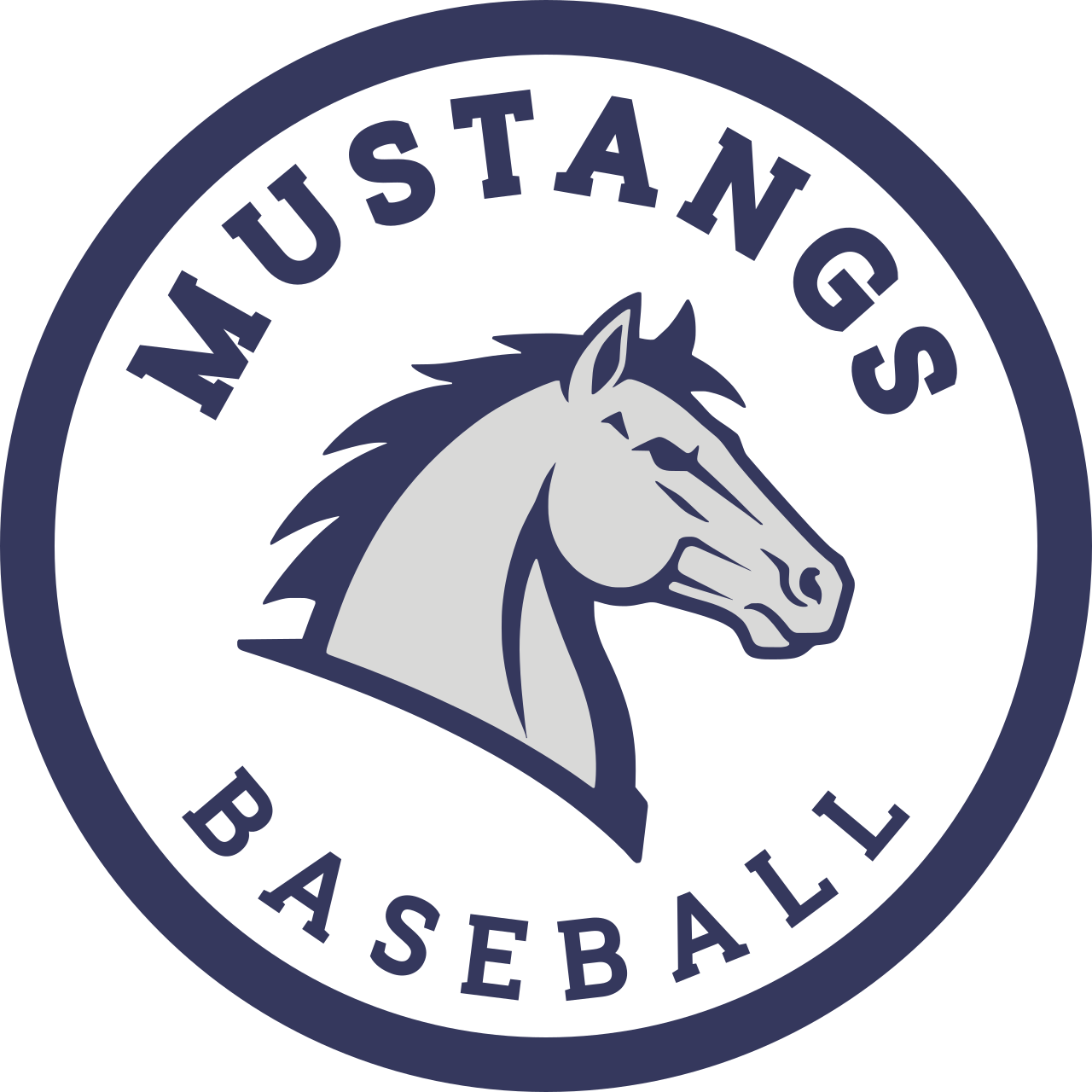 The logo features a stylized gray horse's head with a dark mane, encircled by a navy blue ring. The ring contains the text "MAUSTANGS BASEBALL" in uppercase navy blue letters.