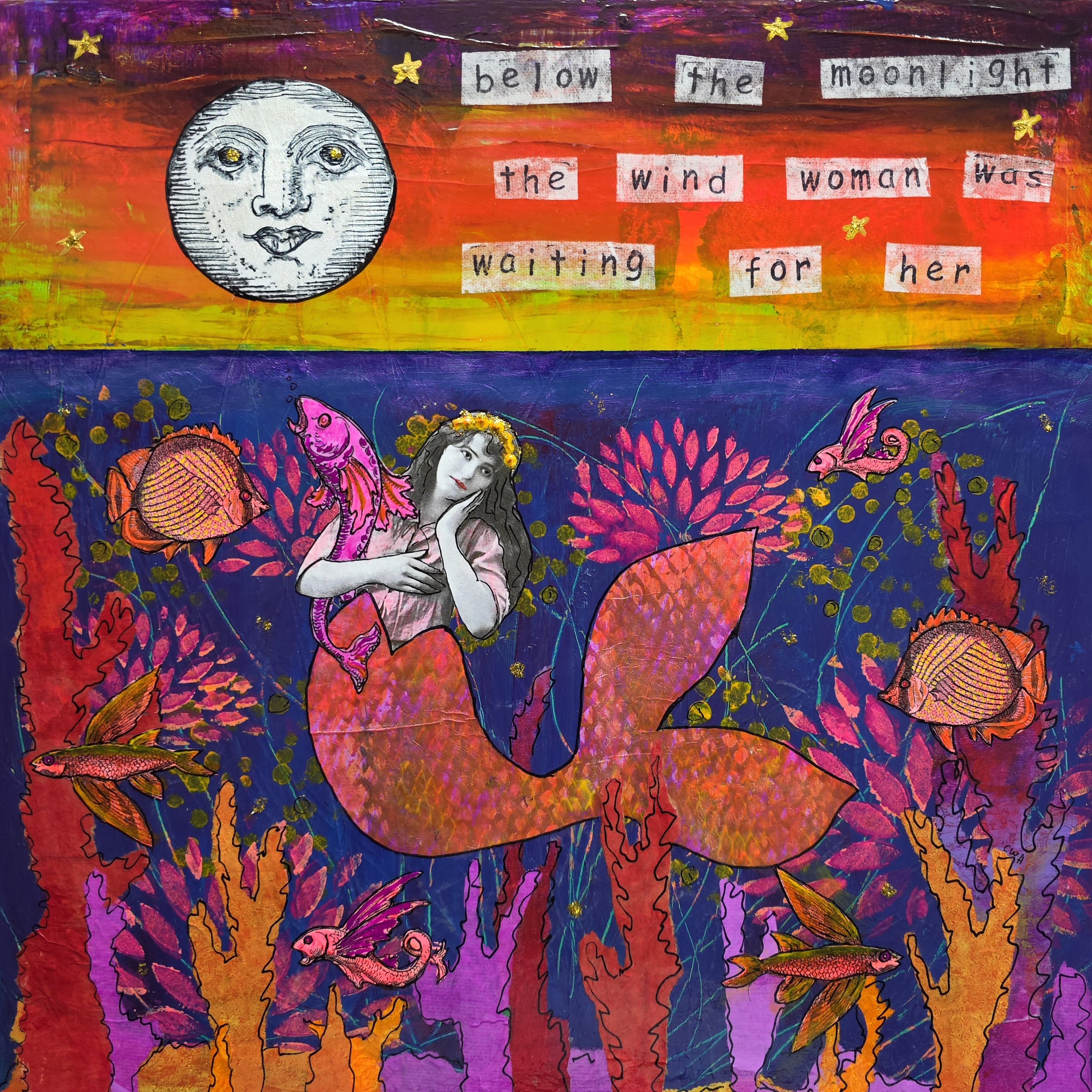 A colorful painting with a rainbow background and a moon face illustration on the left side. There are gold stars scattered across the scene and various fish and marine life illustrations at the bottom. Text cutouts with the words "below the moonlight the wind woman was waiting for her" are displayed across the top.