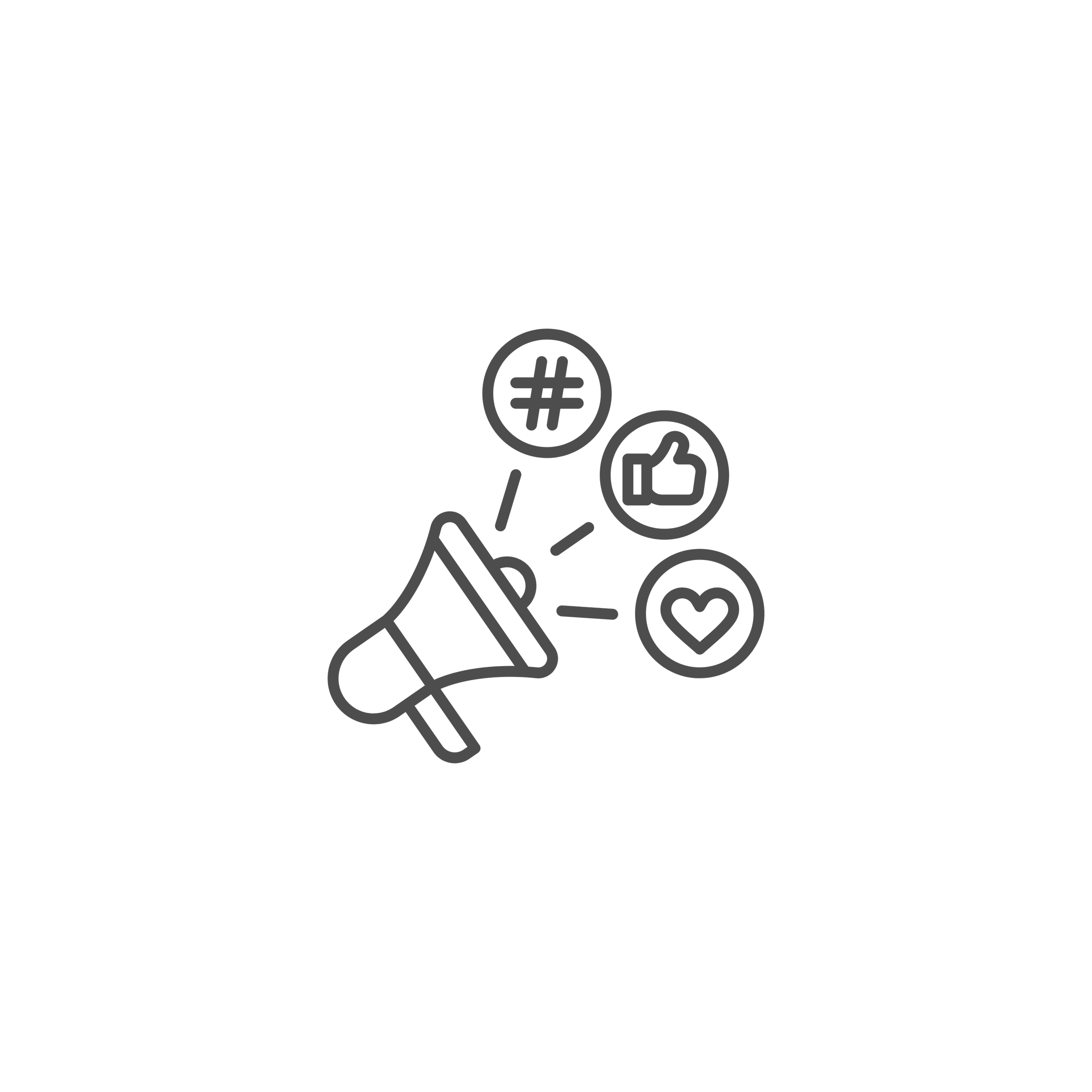 Outline of a hand holding a smartphone with social media icons like thumbs up, hashtags, and hearts floating above it.
