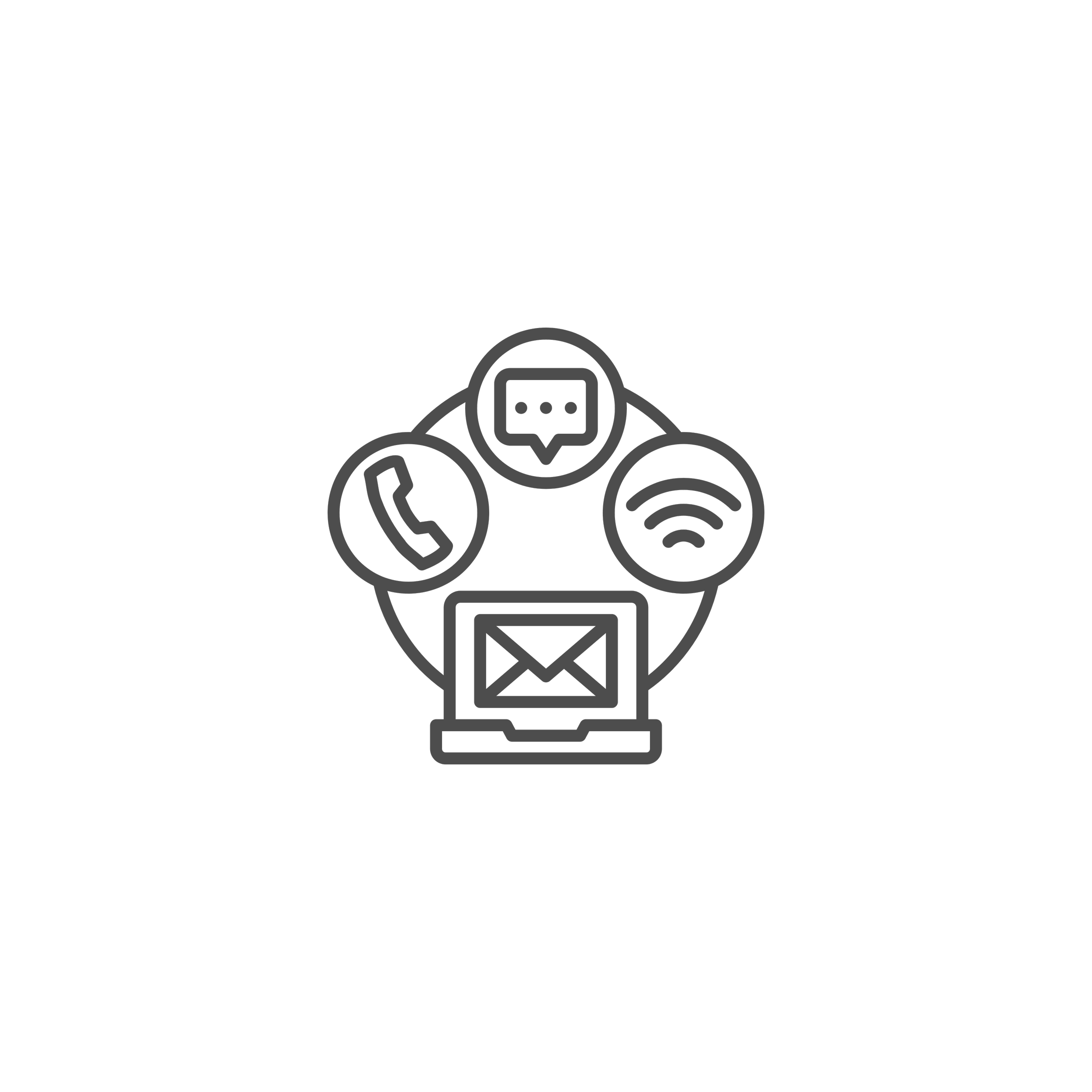 Outline of a person wearing a headset, with icons of a phone, email, Wi-Fi, and speech bubble surrounding them, representing customer support or technical assistance.