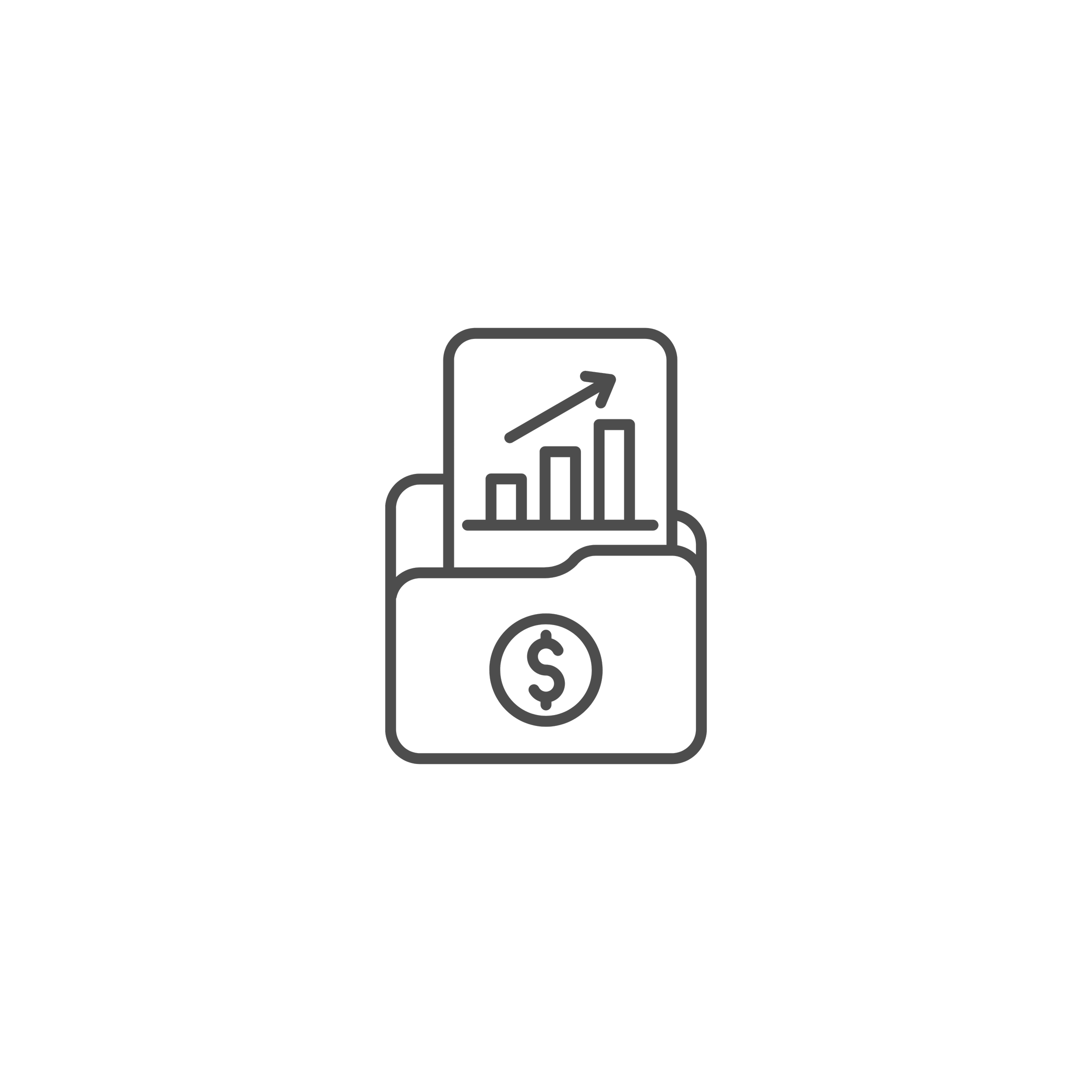 Illustration of a bar chart with an upward arrow, a magnifying glass, and a dollar sign