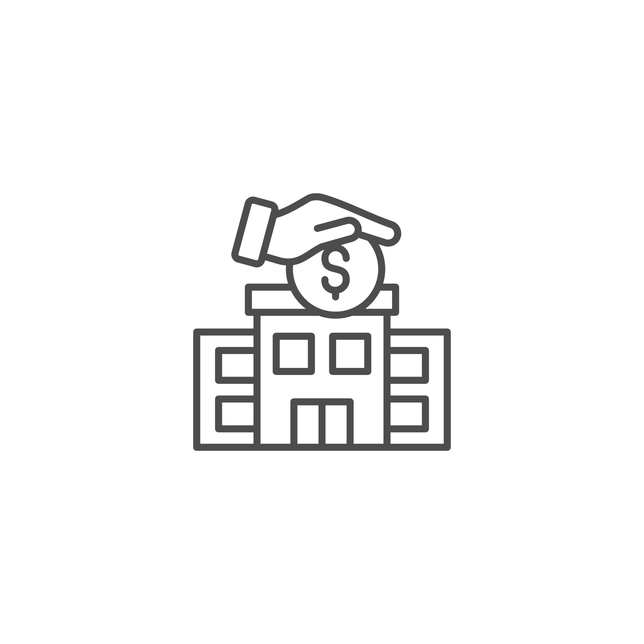 Outline of a hand shaking with another hand, with a dollar sign on a coin in front of the hands, above a small bank or drawer with blocks stacked up behind it.