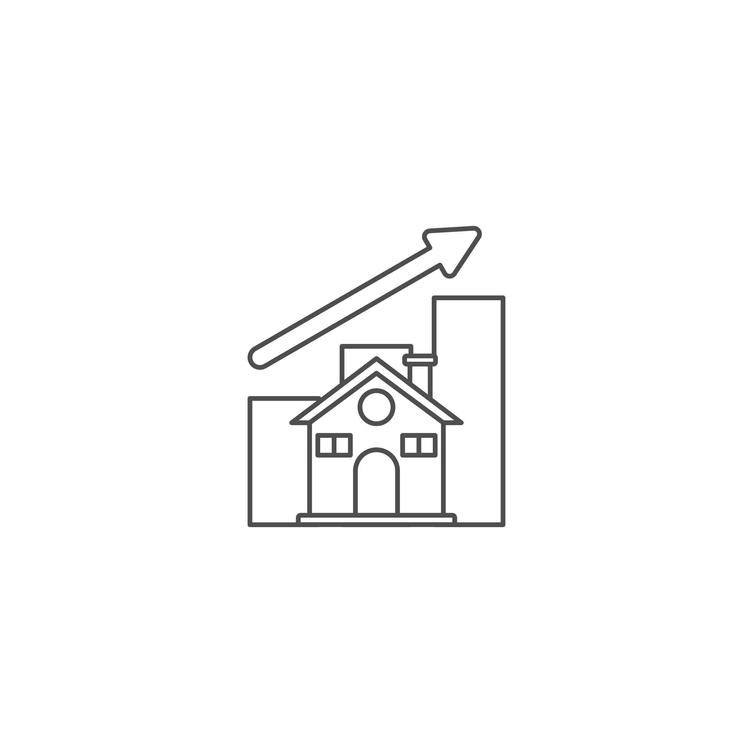 Outline drawing of a house with a clock, a window, and a front door, with two stacked boxes to the right and an upward arrow to the top right.