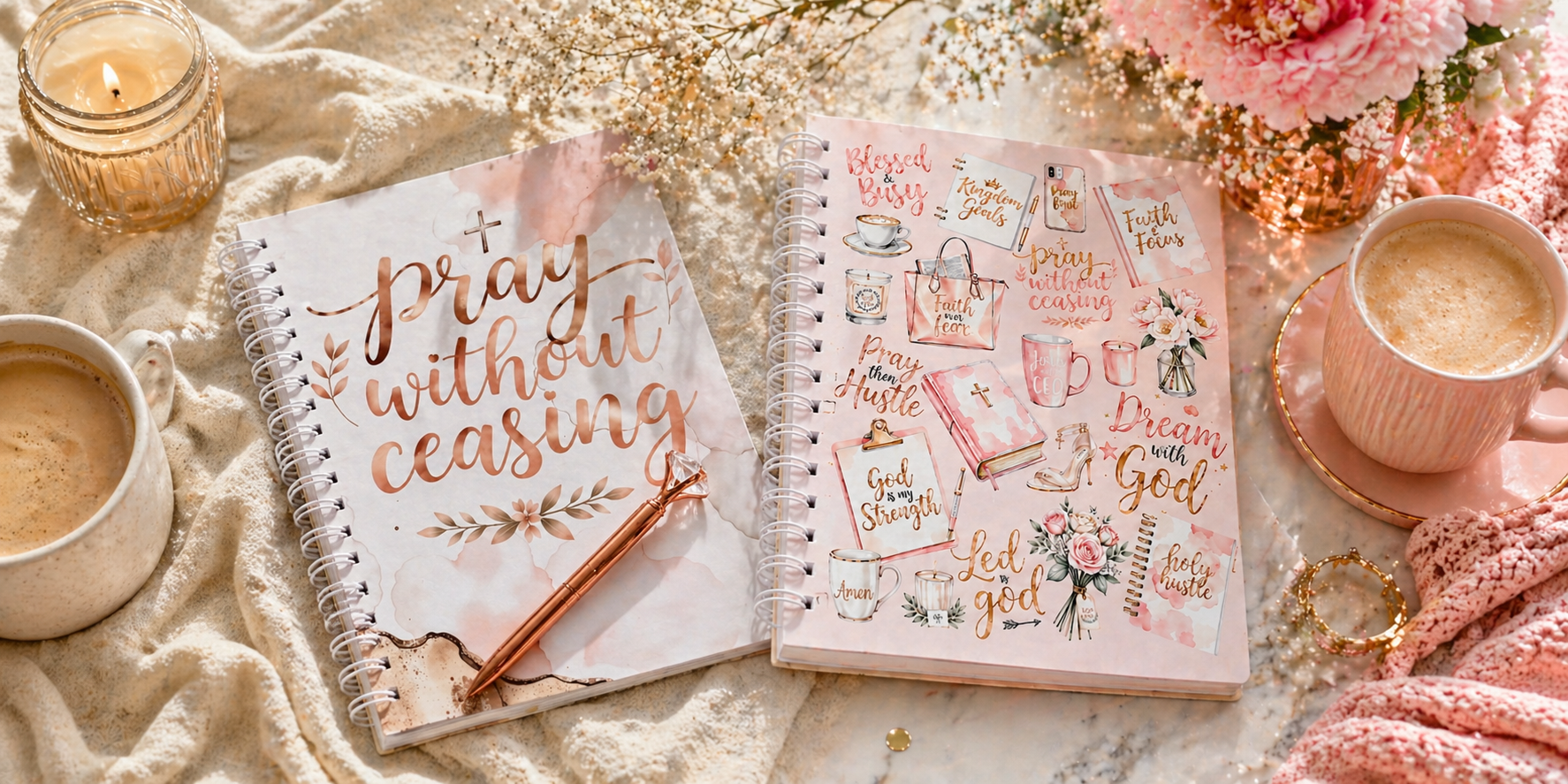 A pink-themed flat lay with devotional notebooks titled "pray without ceasing," surrounded by candles, coffee mugs, flowers, and decorative items.