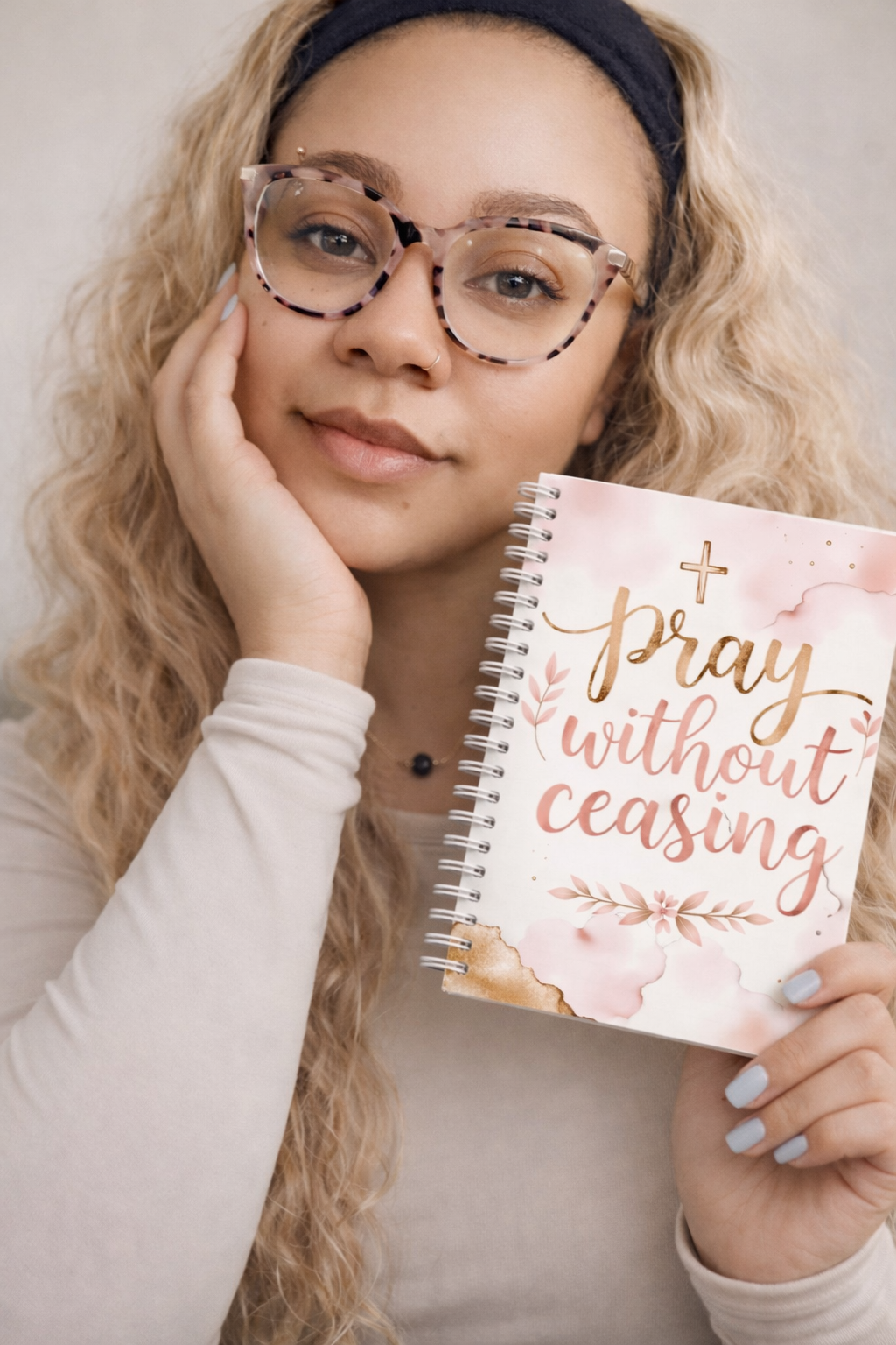 A woman with curly blonde hair, glasses, and a black headband holds a spiral notebook with the words 'pray without ceasing' written in pink and gold, and a cross above the text.