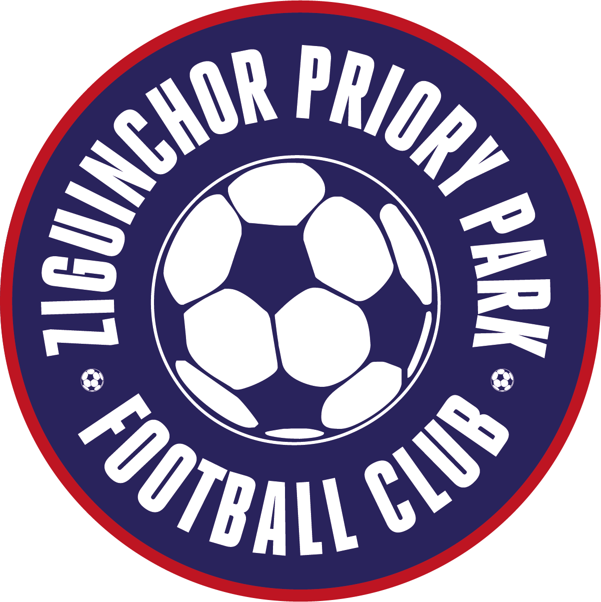 Circular logo with a navy blue background, red border, and white text that reads "Tulvinghor Priority Park Football Club". In the center, there is a white silhouette of a soccer ball.