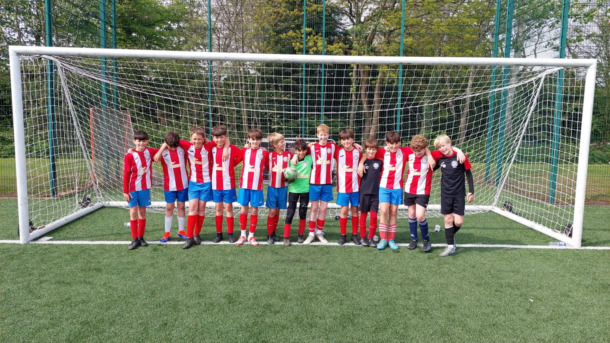 A group of young boys in soccer uniforms standing side by side on a soccer field in front of a goal, smiling and posing for a team photo.