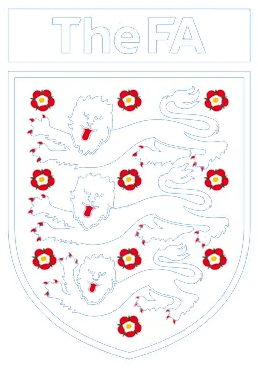 The FA logo featuring three blue lions with red tongues and claws, surrounded by red and white roses, on a white shield background.