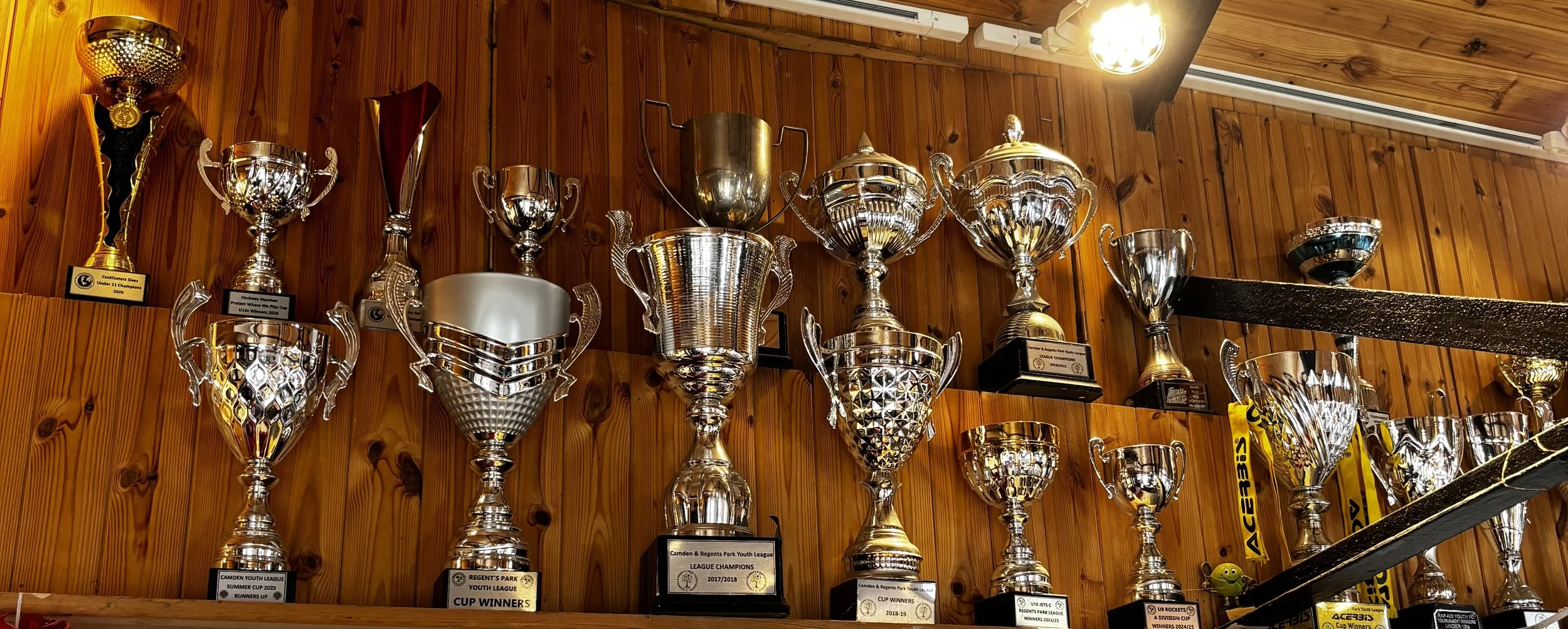 Collection of silver trophies displayed on wooden shelves in a room with wood-paneled walls and warm lighting.
