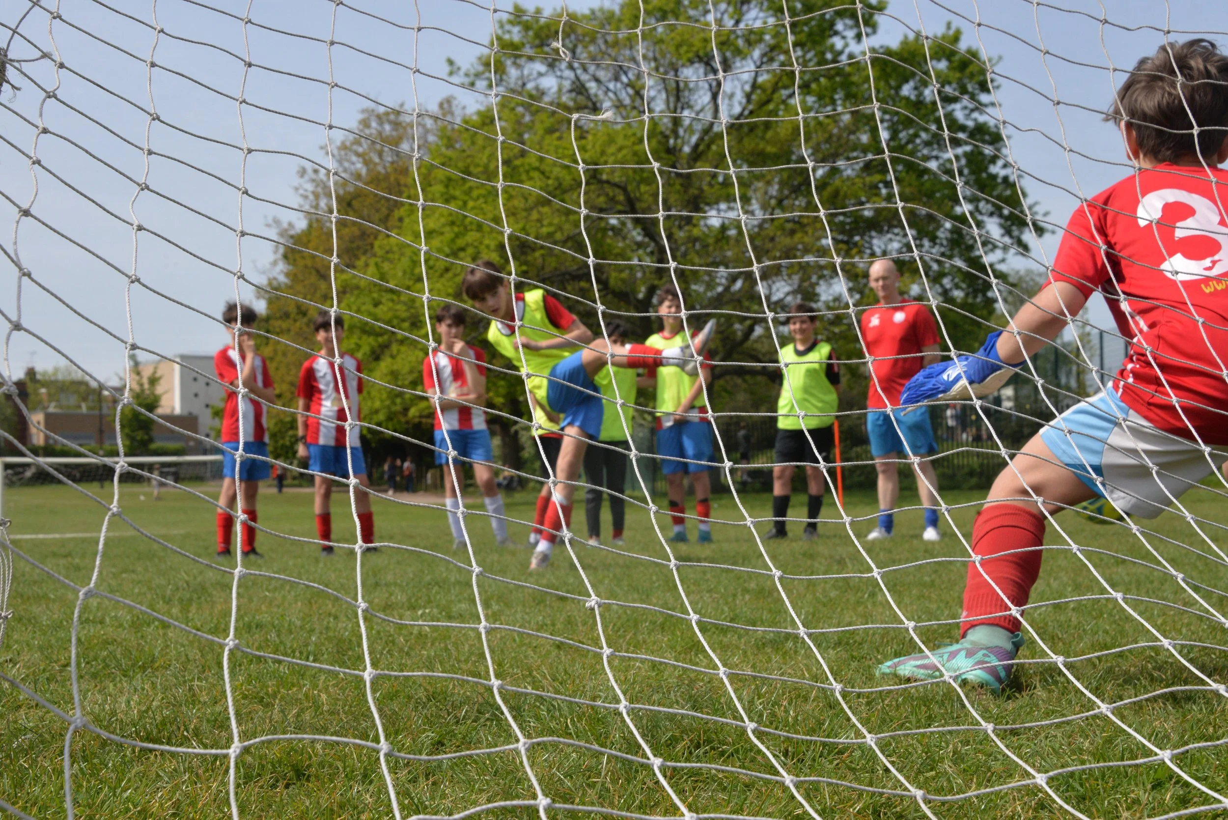 Children playing soccer on a grassy field, viewed from behind a goal net, with a tree and blue sky in the background.