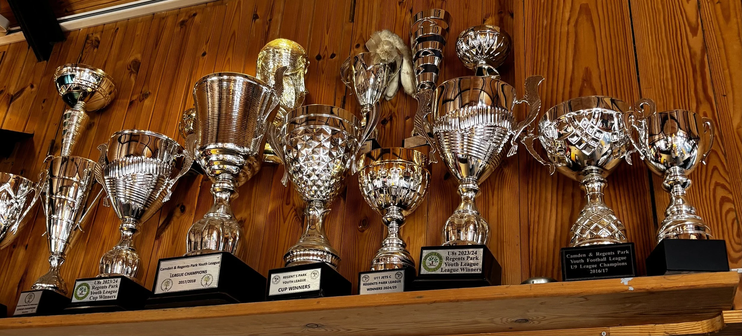 Collection of silver trophies displayed on a wooden shelf, each with engraved plaques indicating awards and years.