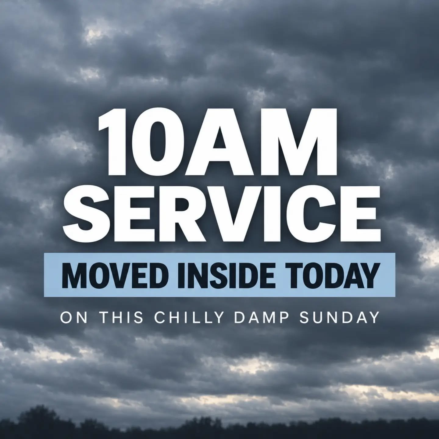 Due to the damp weather and the expected rain around service time we will be having one service inside at 10:00 a.m. today. See you there 

Reminder during inside services kids ages 4 to grade six can check in at kids worship, kids in grades 7 to 12 