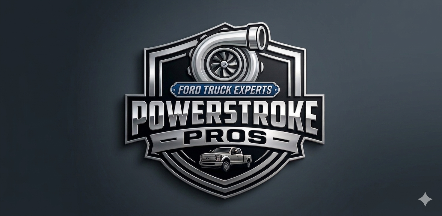 A badge with a turbocharger graphic, text reading "Ford Truck Experts Powerstroke Pros," and an image of a pickup truck at the bottom.