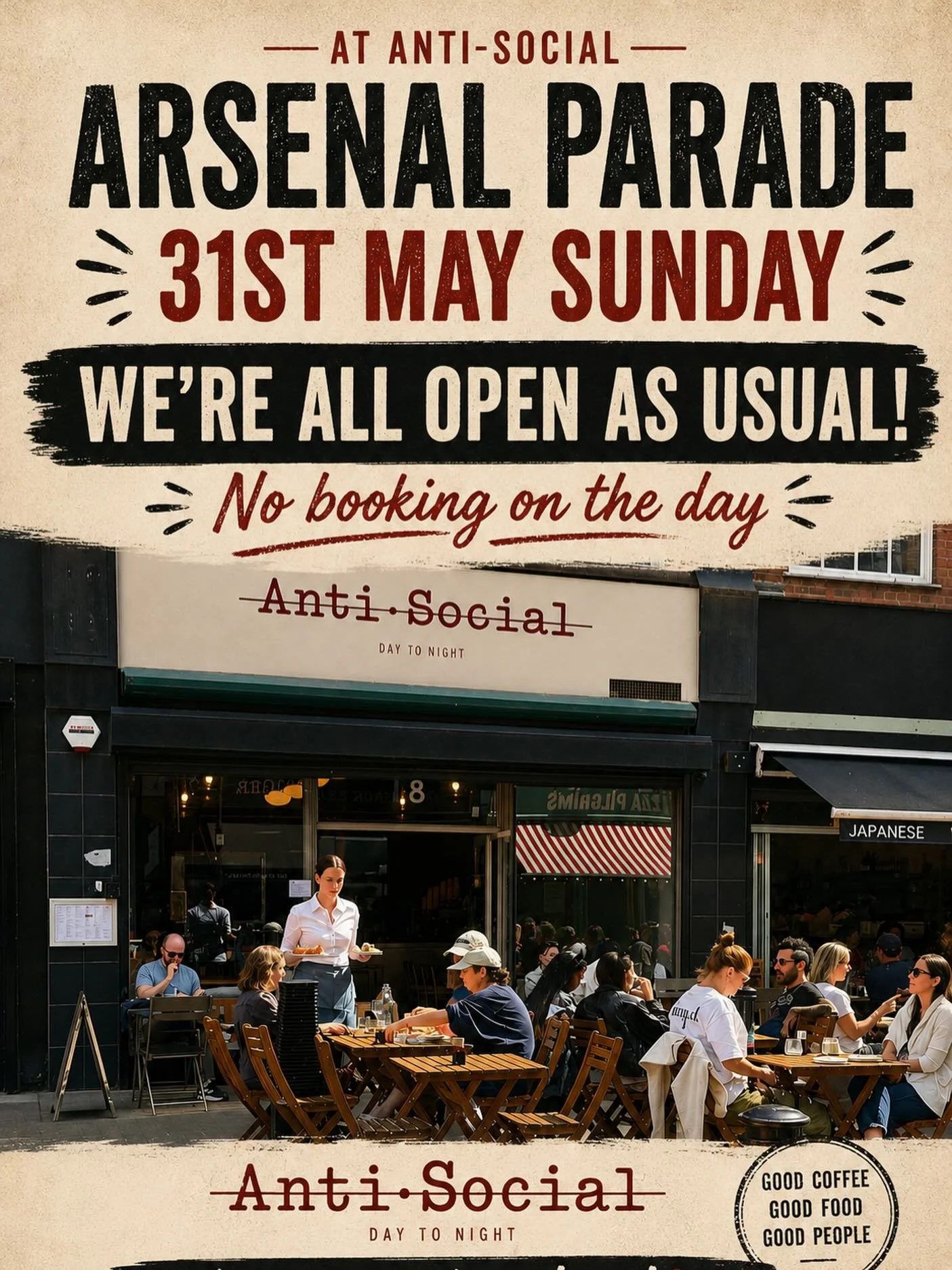 Parade day energy at Anti Social Cafe ⚽️☕️Fuel up with specialty coffee, brunch favourites, and good vibes before the Arsenal parade. See you in Exmouth Market ❤️

#ArsenalParade #Arsenal #COYG #NorthLondon #MatchDayAntiSocialCafe AntiSocialExmouth E