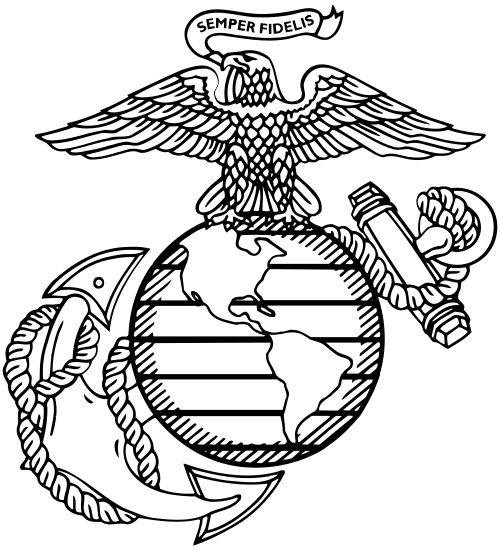 The emblem of the United States Marine Corps featuring an eagle, globe, and anchor with “Semper Fidelis” banner on top.