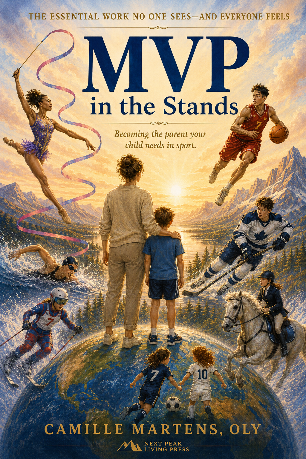 Book cover titled 'MVP in the Stands' by Camille Martens Oly, featuring children and athletes engaging in various sports like gymnastics, swimming, skiing, basketball, soccer, and horseback riding, set against a mountainous landscape with a sunset.
